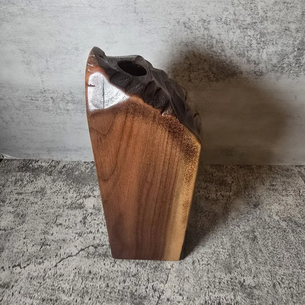 VTG MCM Walnut Rustic Wood Burl Bud Vase Handcrafted Turned Bird & Cattails